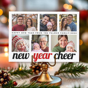 Red, black New Year Cheer six photo collage 2026 Holiday Card