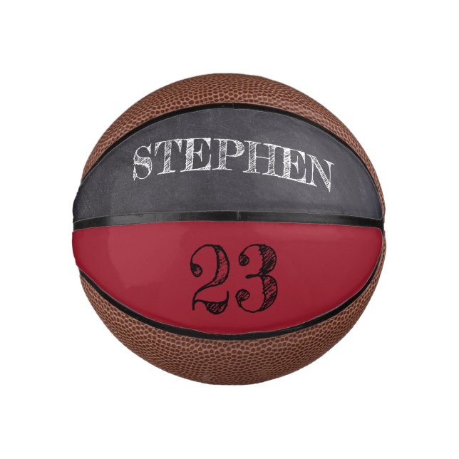 RED Black Number Chalkboard etching Named Mini Basketball (Front)