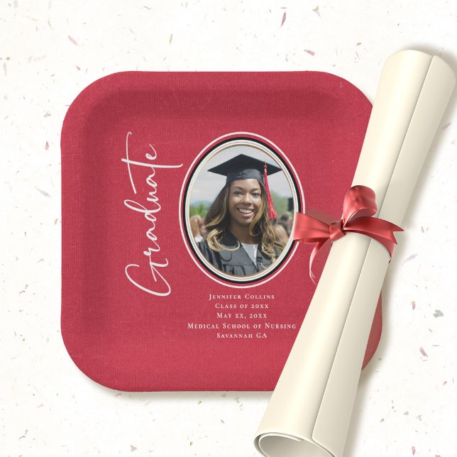 Red Black Nurse Graduate Script Minimal Photo  Paper Plate (Creator Uploaded)