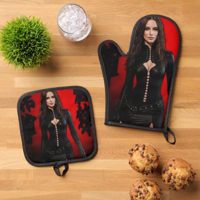 Red Black oven mitt & pot holder set (Top Down)