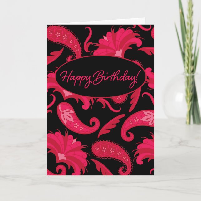 Red & Black Paisley Happy Birthday Greeting Card (Front)