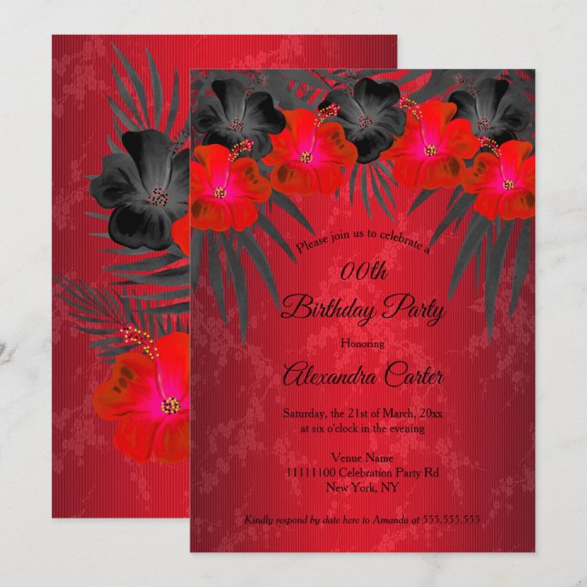 Red Black Palms Hibiscus Damask Birthday Party Invitation (Front/Back)