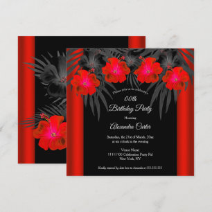 Red Black Palms Hibiscus Tropical Birthday Party Invitation