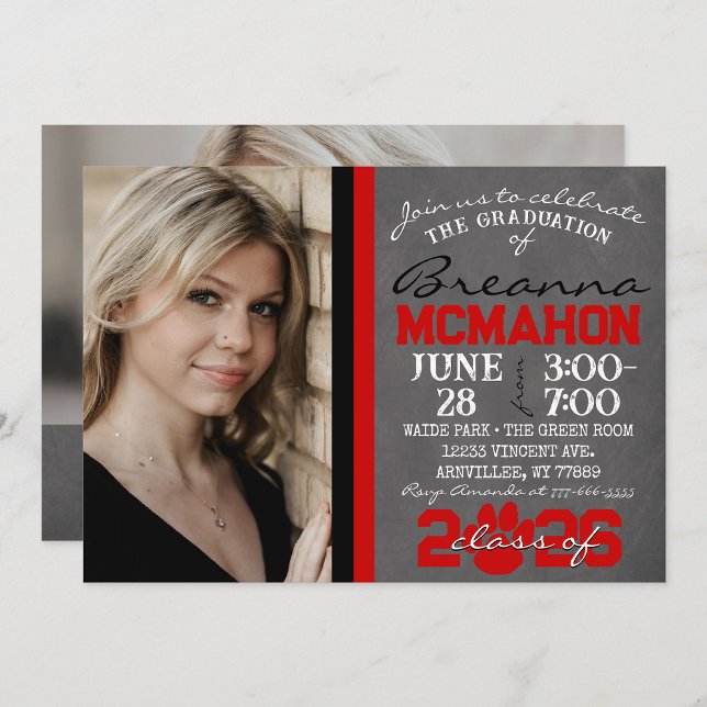 Red & Black Paw Print Graduation 2 Photo Invitation (Creator Uploaded)
