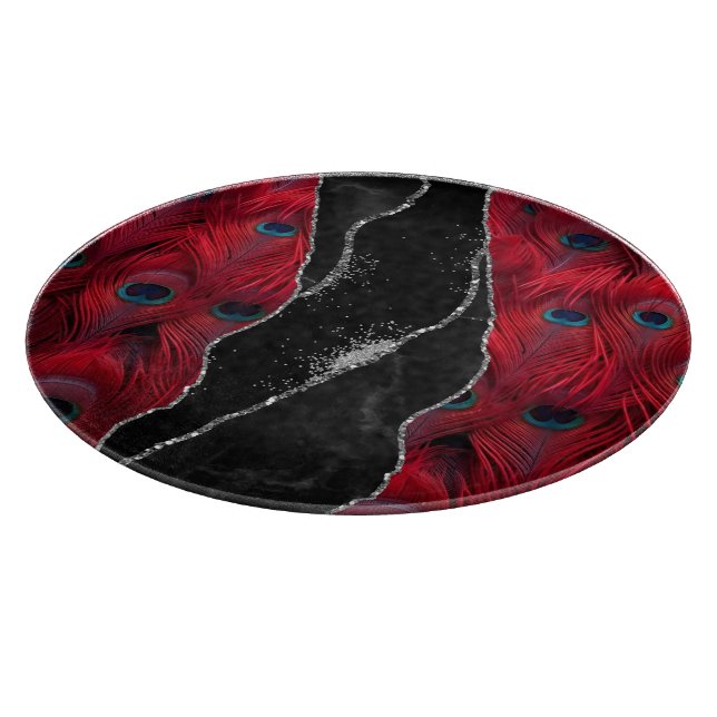 Red Black Peafowl Marble Agate Glam Cutting Board (Corner)