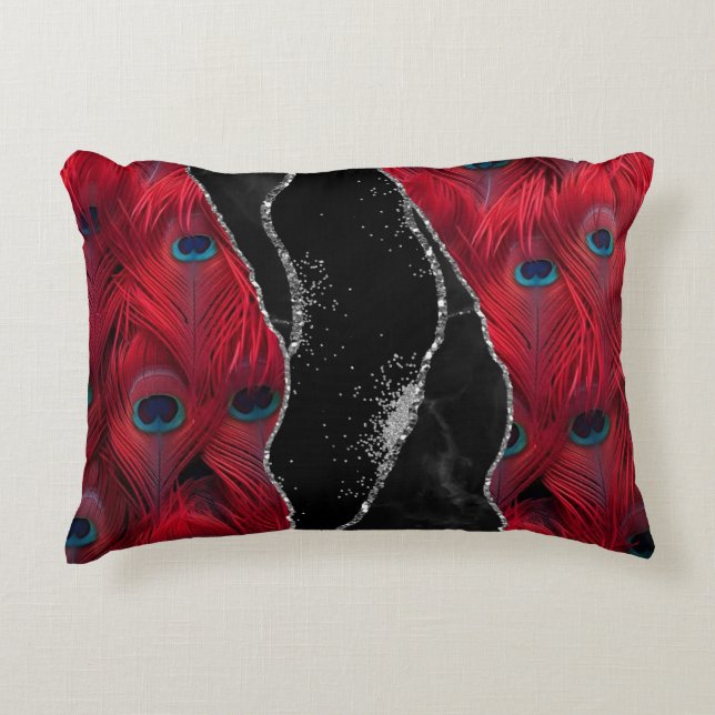 Red Black Peafowl Marble Agate Glam Decorative Cushion (Front)