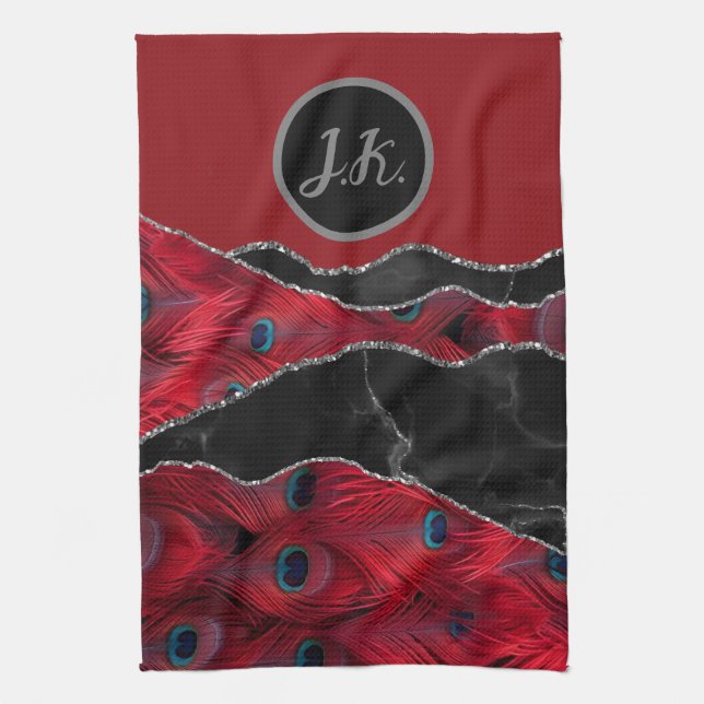 Red Black Peafowl Marble Agate Glam  Tea Towel (Vertical)