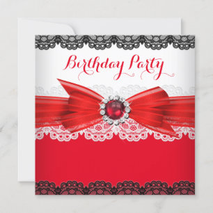 Red Black Pearl Diamond Lace Birthday Party 3 Invitation