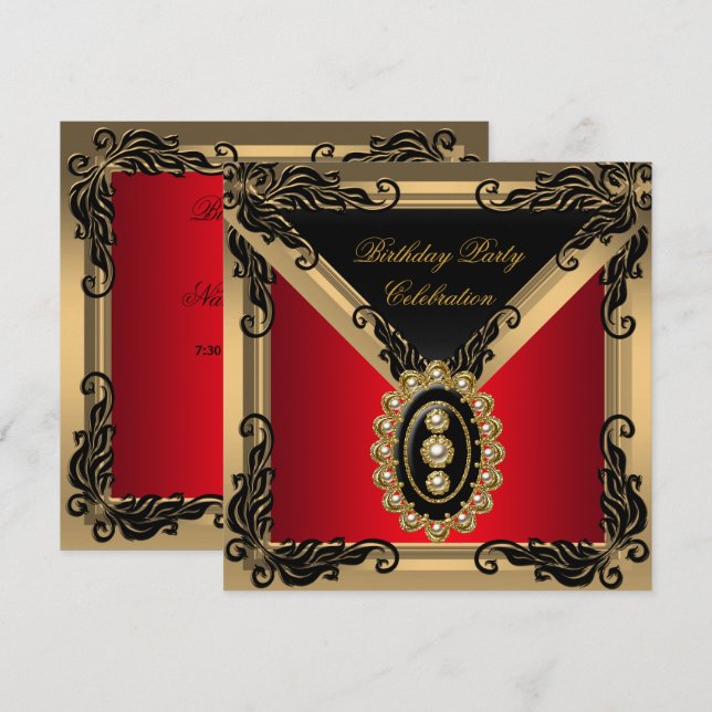 Red Black Pearl Gold Birthday Party Invitation (Front/Back)