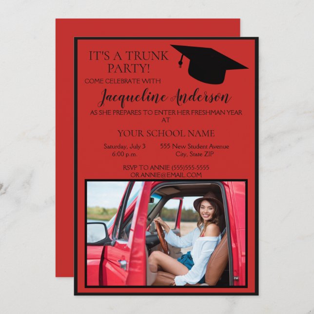Red Black Photo College Trunk Party Invitation (Front/Back)