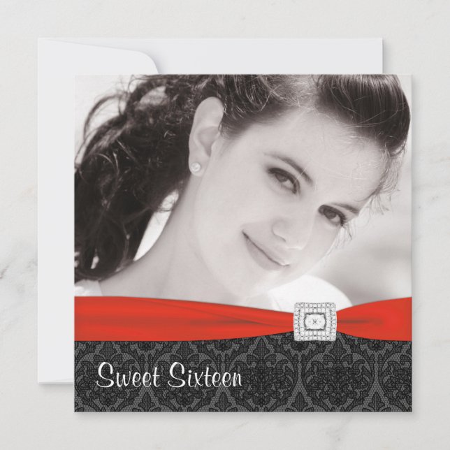 Red Black Photo Sweet Sixteen Birthday Party Invitation (Front)