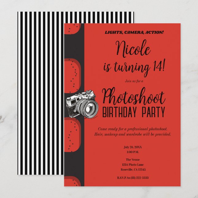 Red Black Photoshoot Photography Birthday Party Invitation (Front/Back)