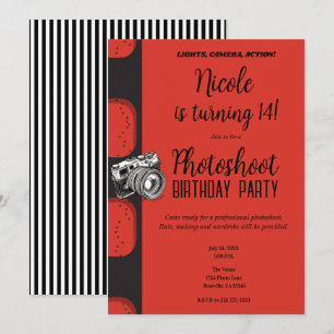 Red Black Photoshoot Photography Birthday Party Invitation
