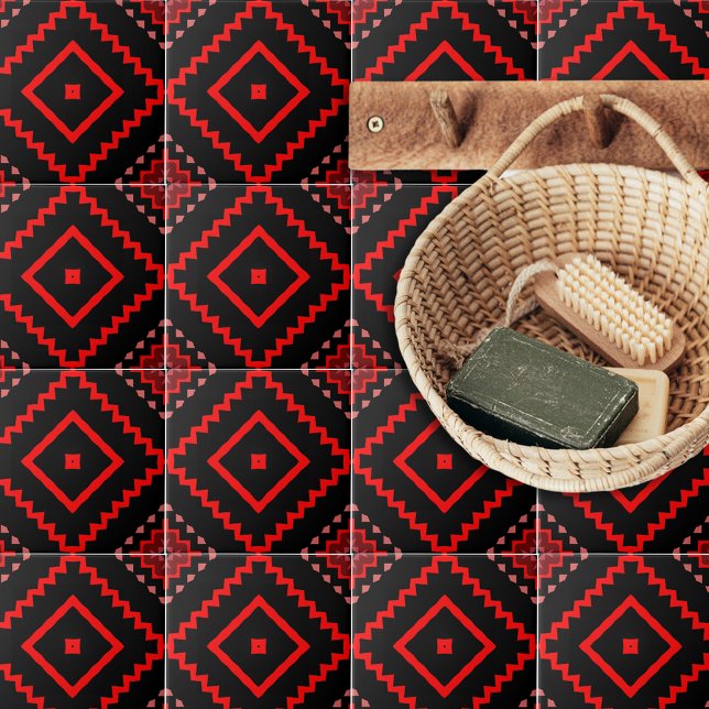 Red Black Pink Ethnic Talavera Geometric Pattern Tile (Creator Uploaded)