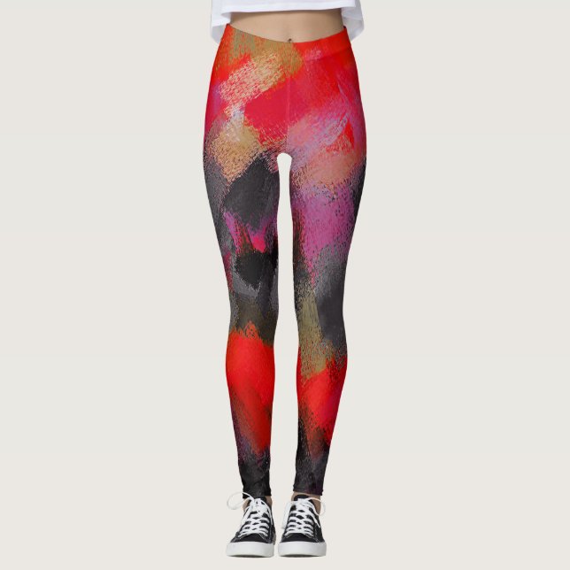 Red Black Pink Paint Splatter Leggings (Front)