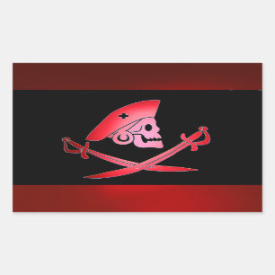 RED BLACK PIRATE BANNER WITH SKULL ,CROSSED SWORDS RECTANGULAR STICKER