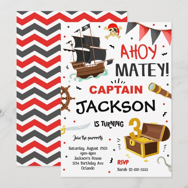 Red Black Pirate Birthday Invitation (Front/Back)