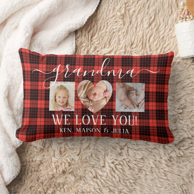 Red Black Plaid 3 Photo Collage Gift Personalised Lumbar Cushion (Blanket)