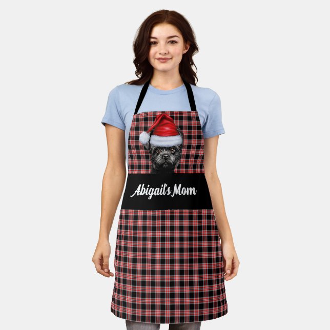 Red Black Plaid and Affenpinscher Dog Christmas Apron (Worn)