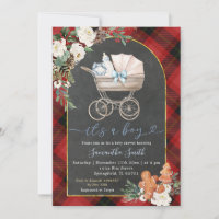 Red Black Plaid Baby Carriage Shower Christmas