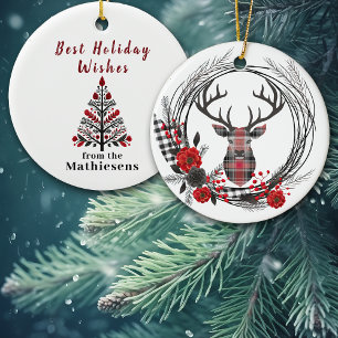 Red Black Plaid Buck Deer Wreath Ceramic Tree Decoration