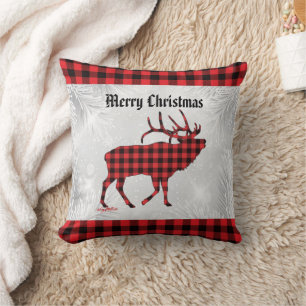 Red & Black Plaid Bull Elk Christmas Throw Pillow