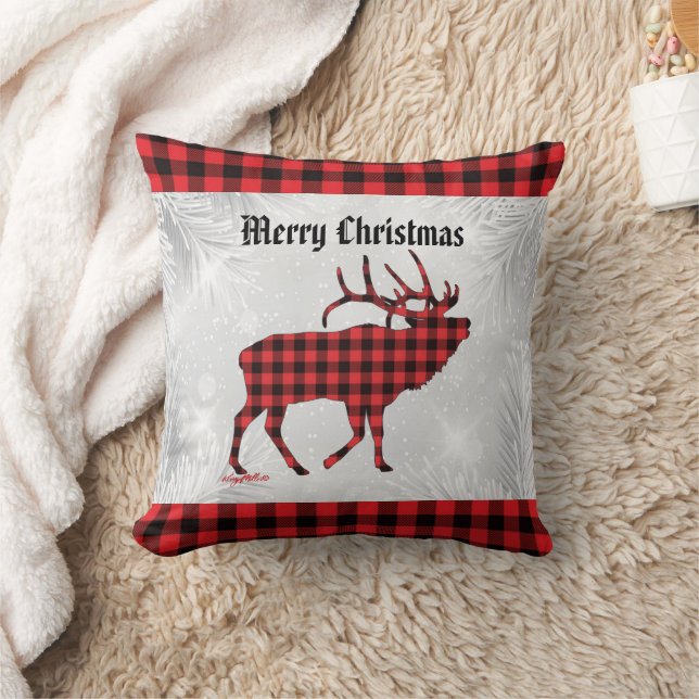 Red & Black Plaid Bull Elk Christmas Throw Pillow (Blanket)