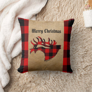 Red & Black Plaid Bull Elk Christmas Throw Pillow