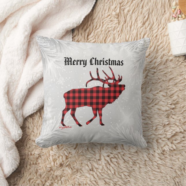 Red & Black Plaid Bull Elk Christmas Throw Pillow (Blanket)