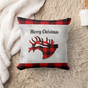 Red & Black Plaid Bull Elk Christmas Throw Pillow