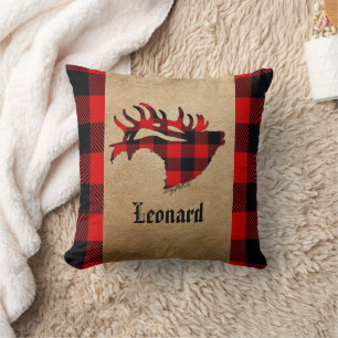 Red & Black Plaid Bull Elk Christmas Throw Pillow
