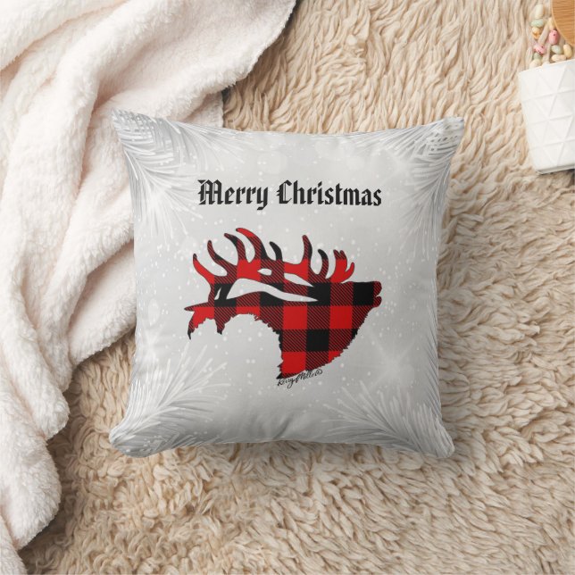 Red & Black Plaid Bull Elk Christmas Throw Pillow (Blanket)