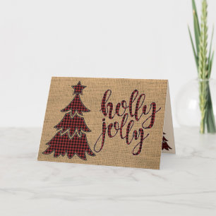Red, Black Plaid Burlap holly jolly Card with Tree
