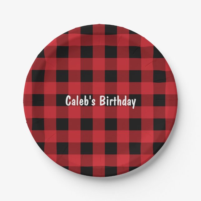 Red & Black Plaid Chequered Birthday Paper Plates (Front)