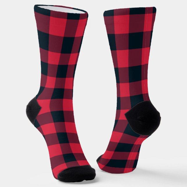 Red Black Plaid Chequered Pattern Socks (Angled)