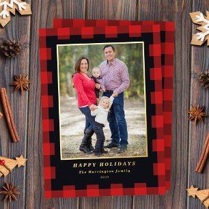 Red Black Plaid Christmas Photo Gold  Foil Holiday Card