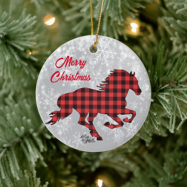 Red & Black Plaid Horse Christmas Ceramic Ornament (Tree)