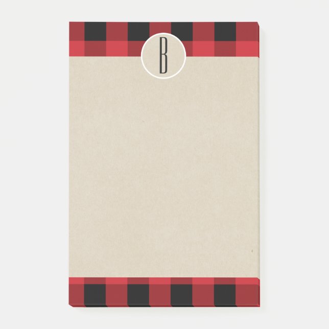 Red Black Plaid Kraft Rustic Monogram Initial Post-it Notes (Front)