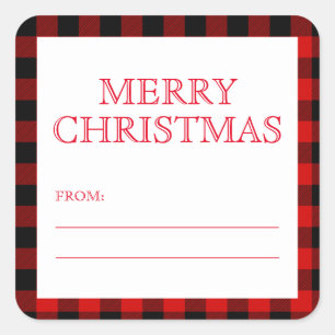 Red Black Plaid Merry Christmas Gift Tag Stickers
