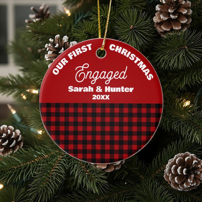 Red & Black Plaid Our 1st Christmas Engaged Ceramic Tree Decoration (Creator Uploaded)