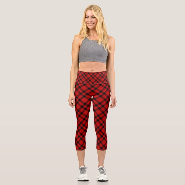 Red Black Plaid Pattern Capri Leggings (Front)