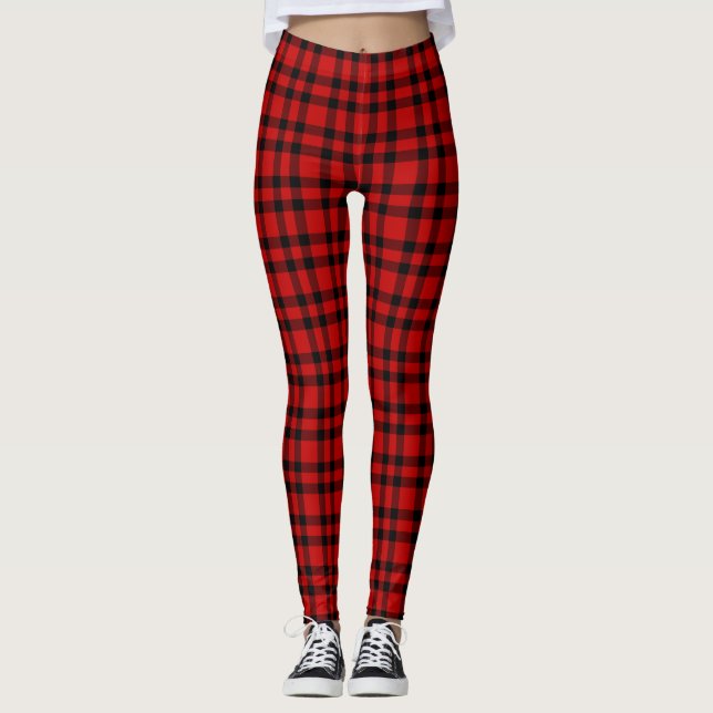 Red Black Plaid Pattern Leggings (Front)