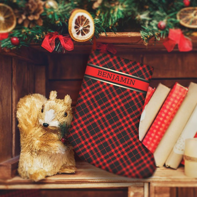 Red & Black Plaid Pattern Name Modern Personalised Small Christmas Stocking (Creator Uploaded)