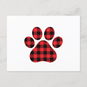 Red Black Plaid Paw Print Holiday Postcard