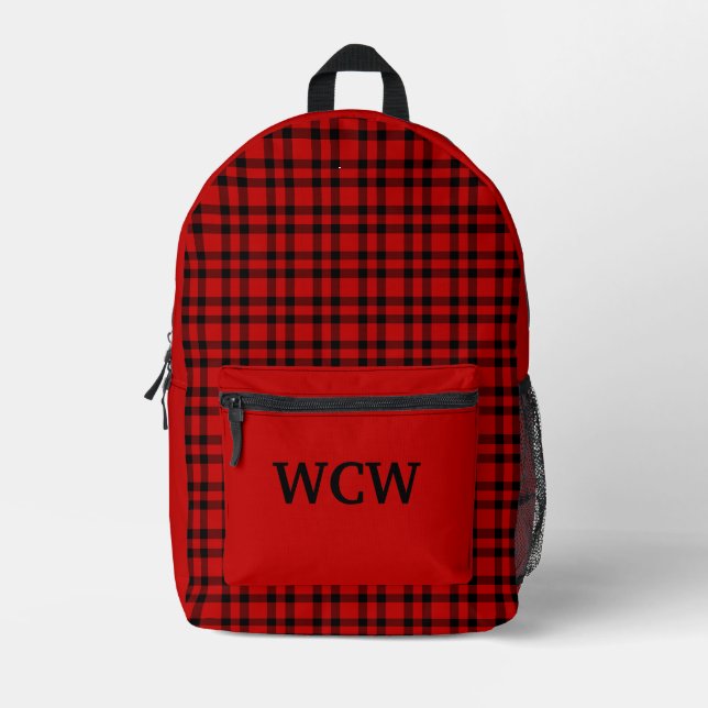Red Black Plaid Personalise Pattern Printed Backpack (Front)