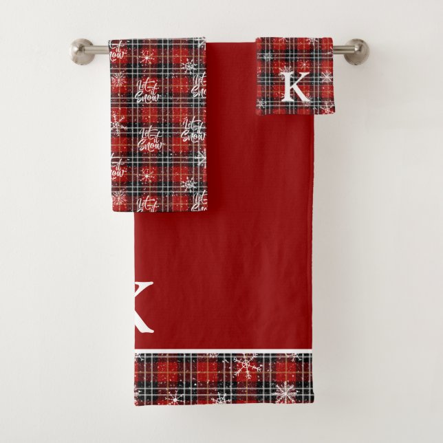 Red Black Plaid Snowflake Monogram LET IT SNOW Bath Towel Set (Insitu)