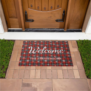Red Black Plaid Snowflake Personalised Welcome Doormat