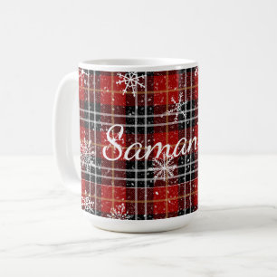 Red Black Plaid Snowflakes Personalised Coffee Mug
