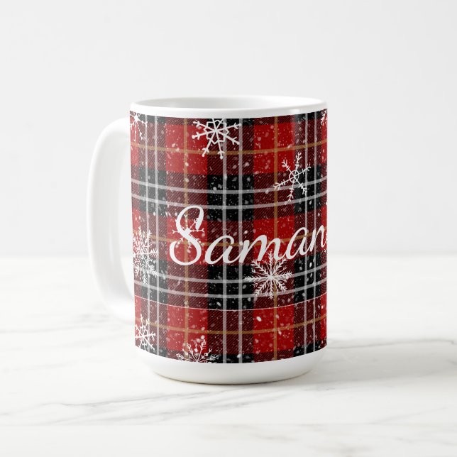 Red Black Plaid Snowflakes Personalised Coffee Mug (Front Left)