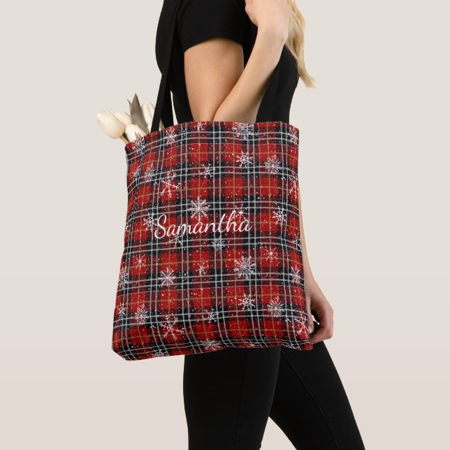 Red Black Plaid Snowflakes Personalised Tote Bag (Close Up)